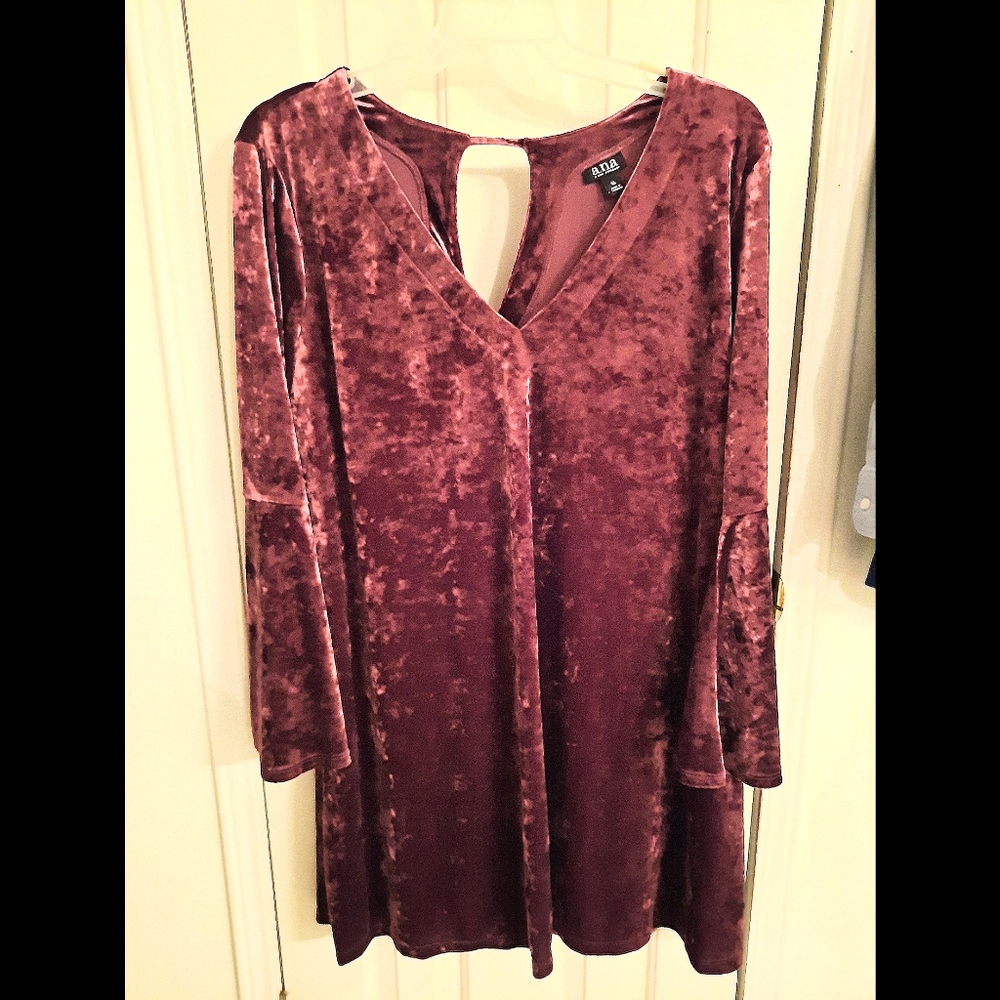 ANA brand mauve crushed velvet mini dress with bell sleeves.